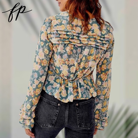 FREE PEOPLE Maybel Tie-Front Ruffled Blouse (Green/Pink) - Picture 7 of 14